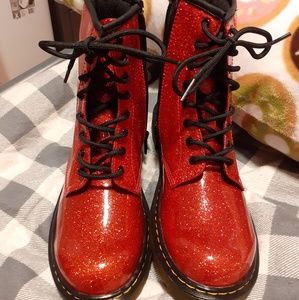 new in box dr. martens red glitter boots